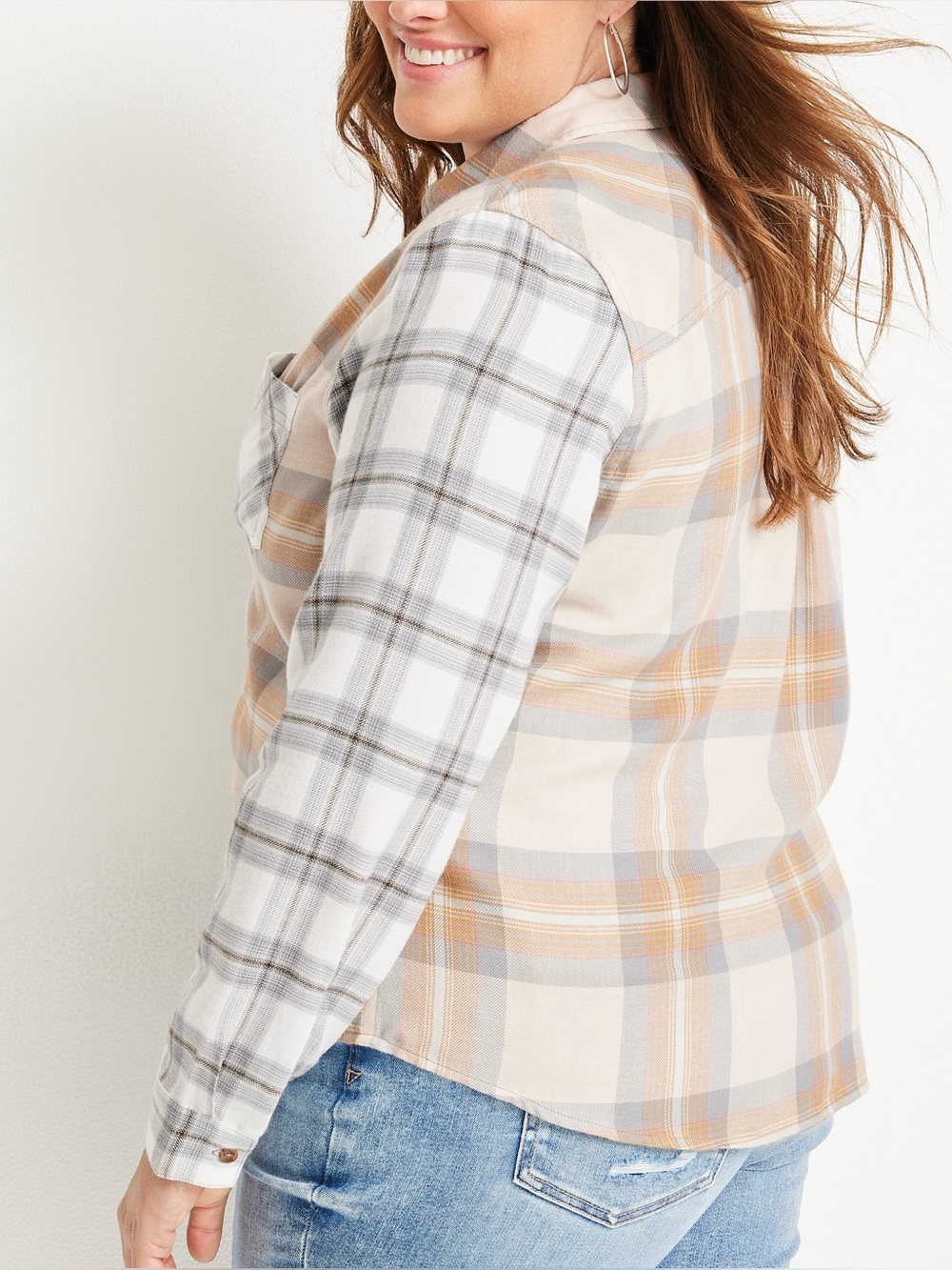 Maurices Cabin Plaid Shirt Cream White Contrast Sleeve Button Up XXLarge Women’s